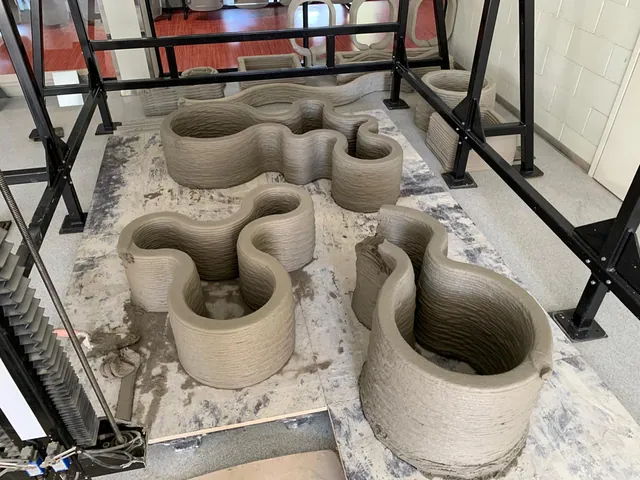 Kolm 3D-prinditud betoonist taimekasti nähtavate kihijoontega, musta metallraami sees