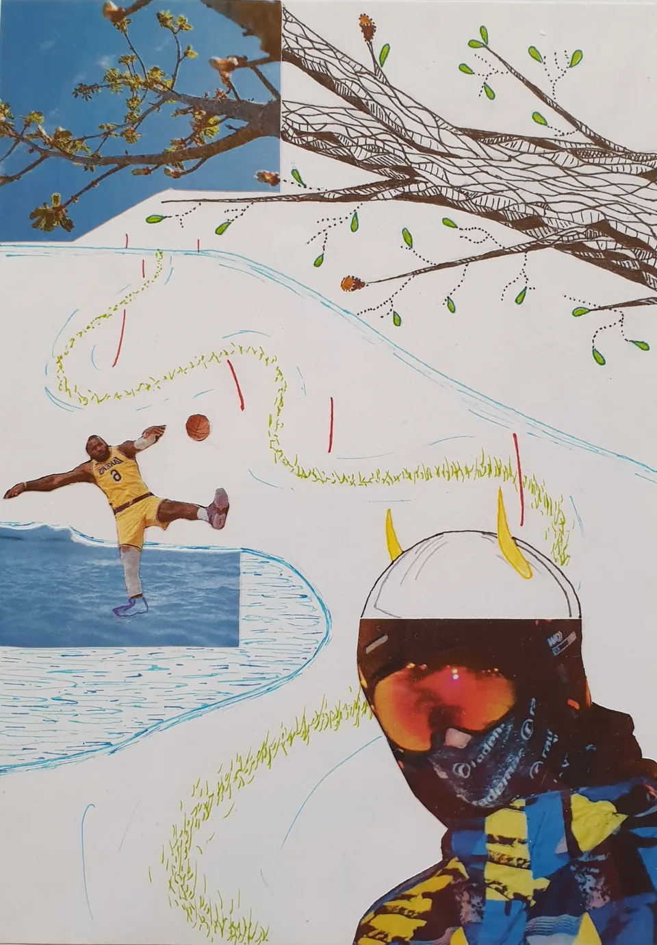 Fragment — mixed-media work with a figure, a tree and a helmeted face