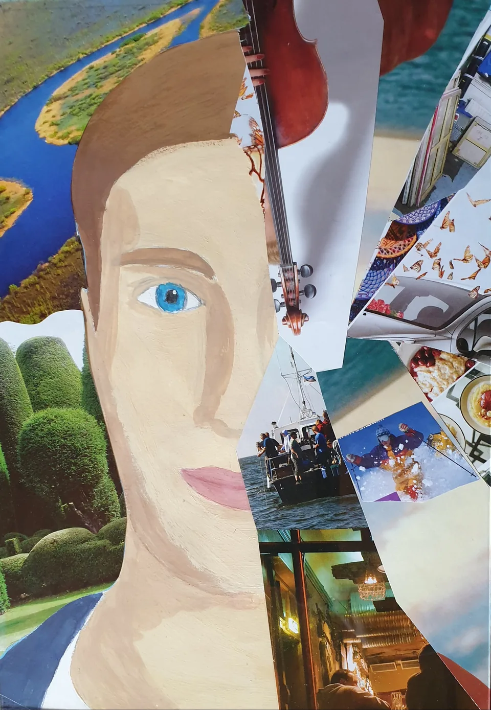 Portrait — collage-like work: half a painted face against cut-out photographs