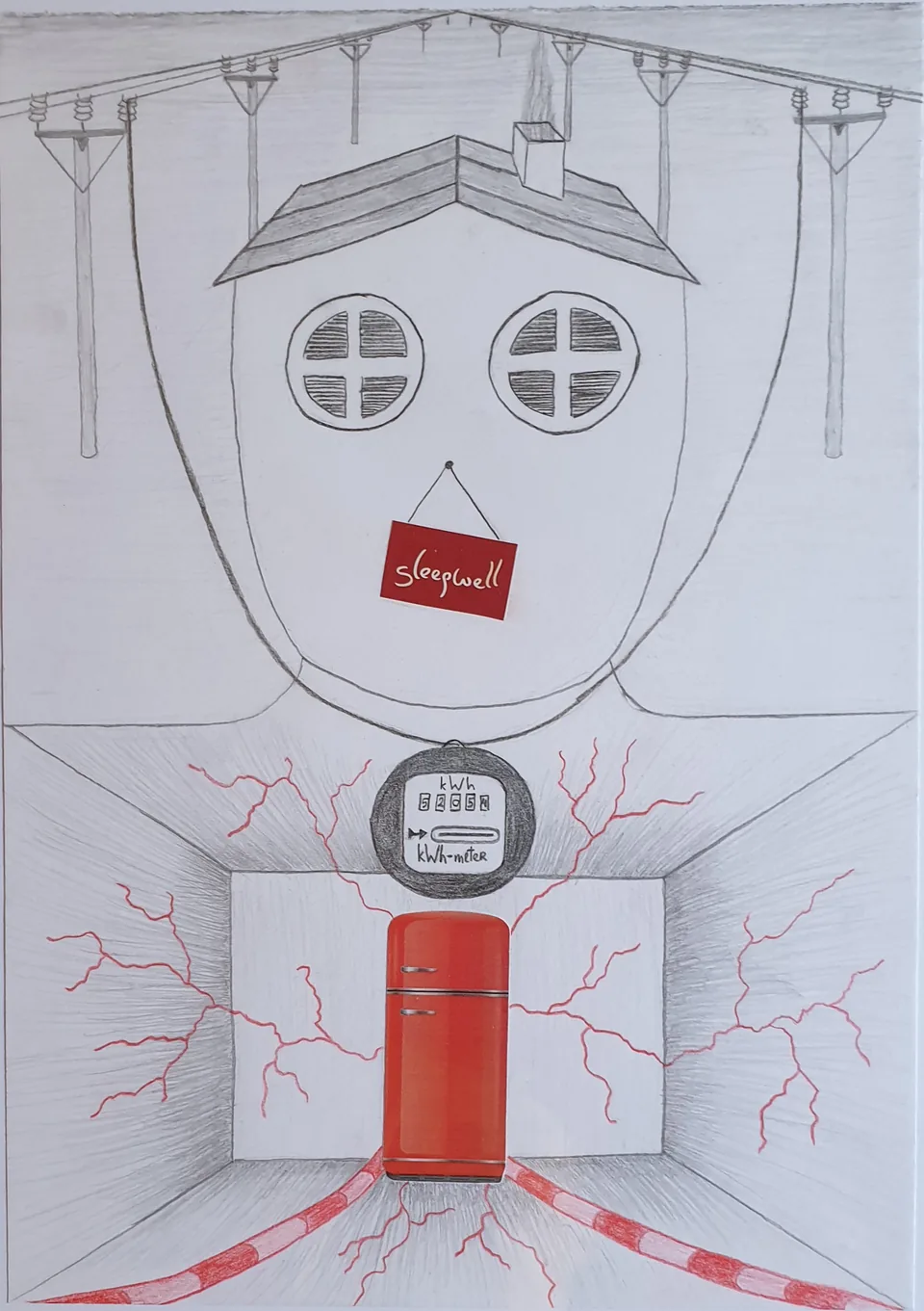 Room — pencil drawing of a house-shaped room with a red refrigerator