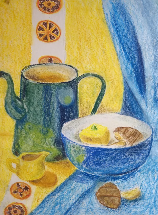 Pastel drawing of a green teapot and a blue bowl of fruit and nuts on a yellow and blue cloth