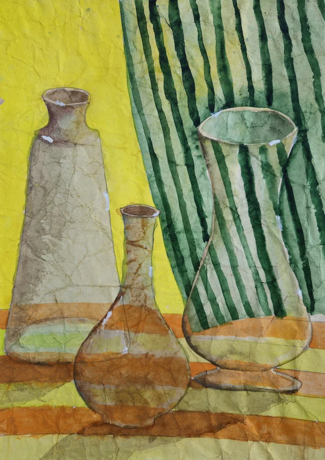 Watercolour of three glass bottles and jugs on a yellow and green striped cloth