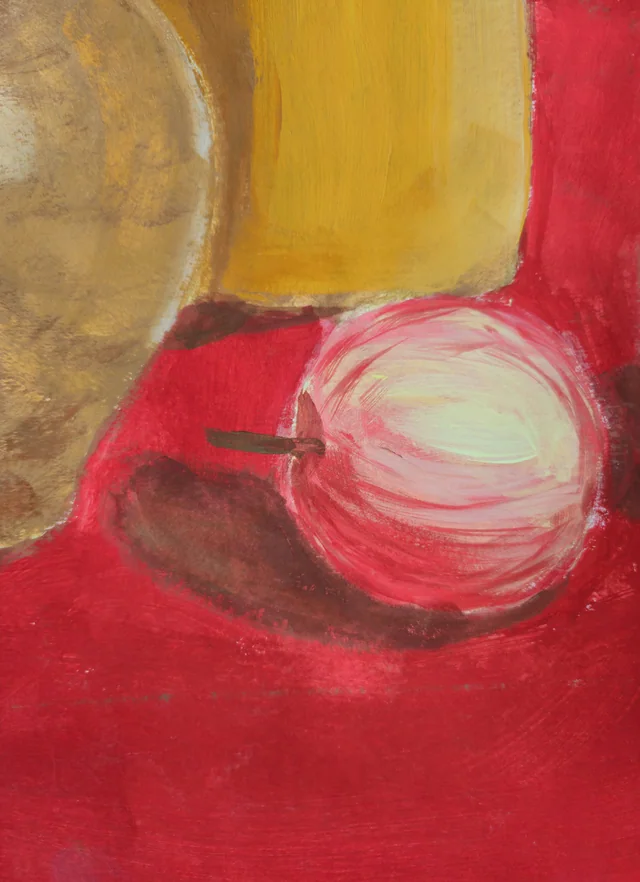 Painting of a pink-red apple and an orange fruit against a red background