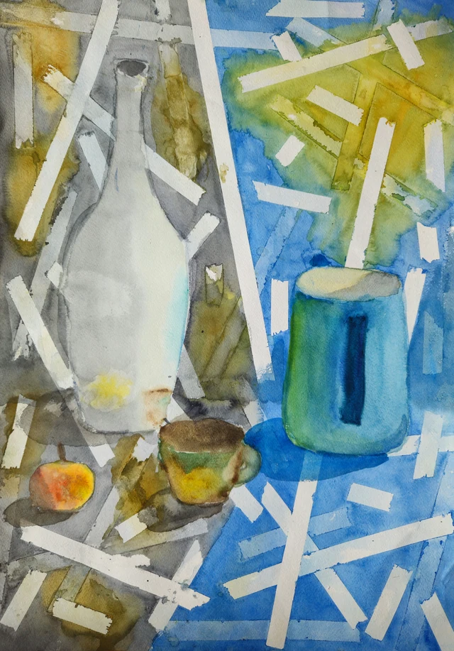 Still life of a pale bottle, a blue mug and a small cup, overlaid with white paper strips on blue and yellow