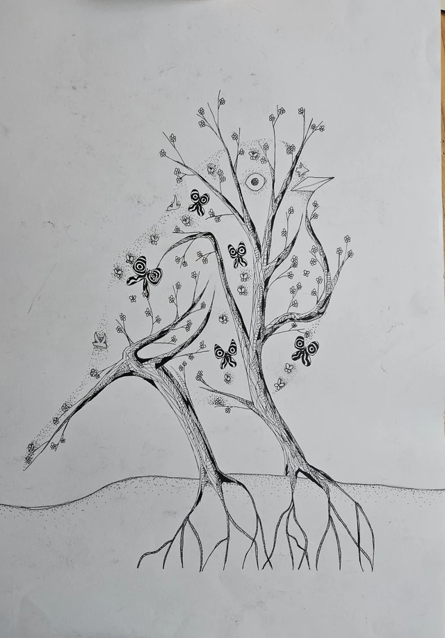 Pencil drawing of a blossoming tree with visible roots