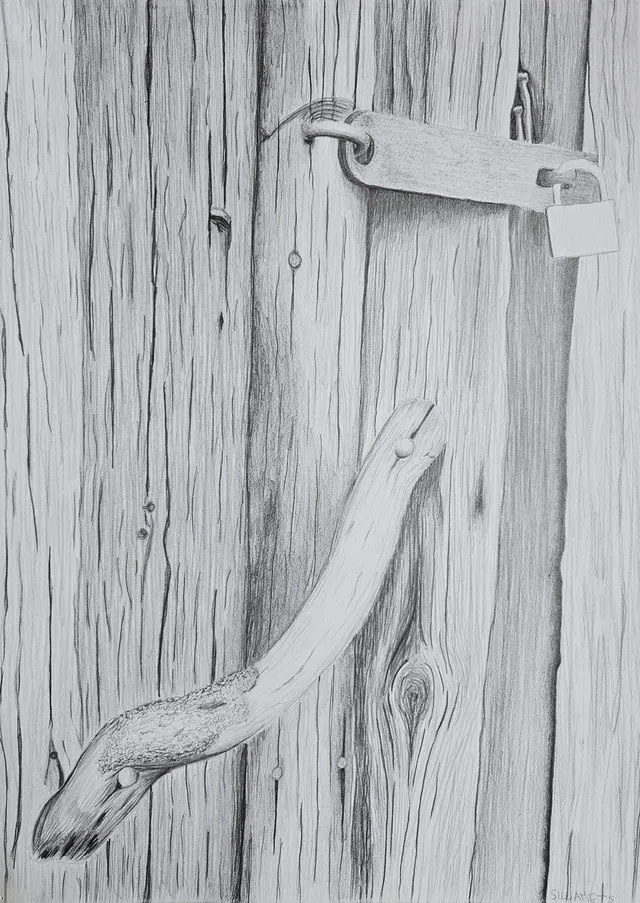 Pencil drawing of a weathered wooden door with a latch and handle