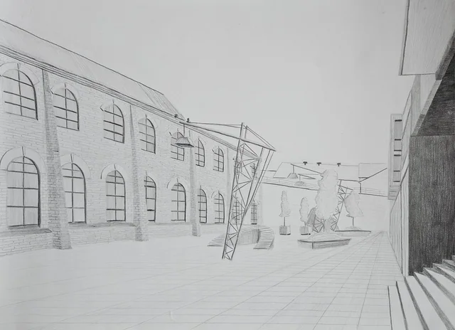 Pencil drawing of a long building with arched windows in perspective, with a paved square
