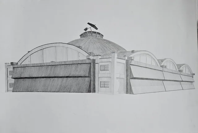 Pencil drawing of a low domed building behind a long wall