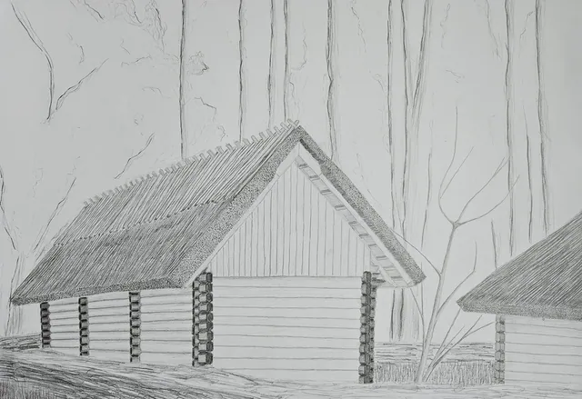 Pencil drawing of a log building with a steep roof among trees