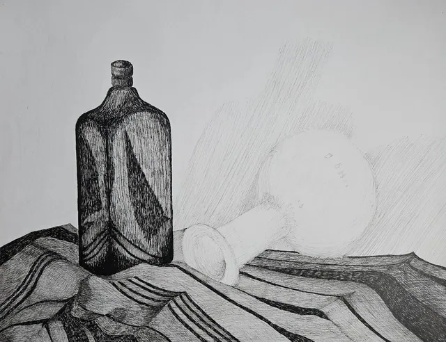 Ink drawing of a dark bottle with a pale jug behind it on striped cloth