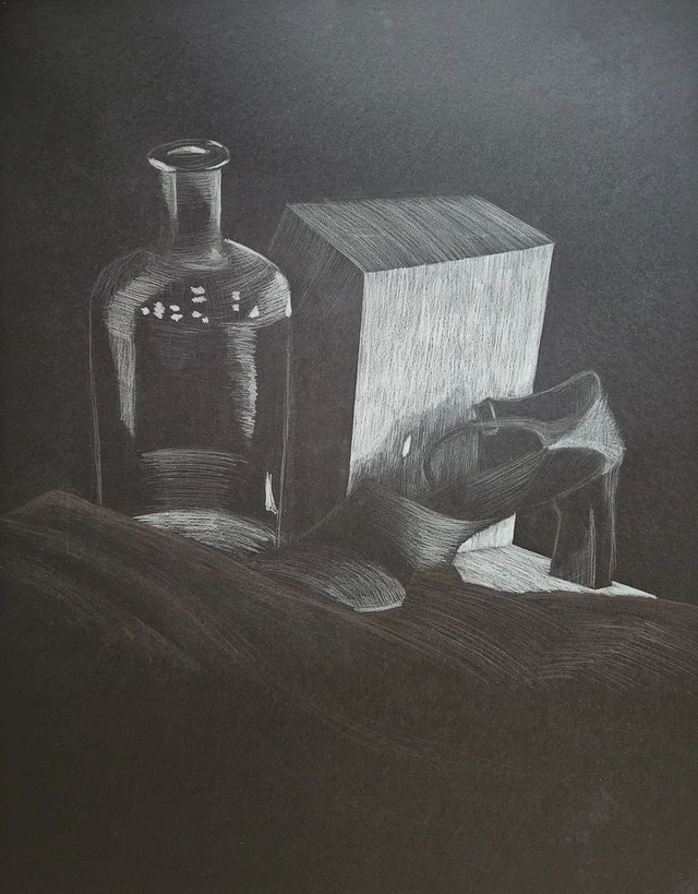 Dark drawing of a glass bottle beside a box and a crumpled cloth